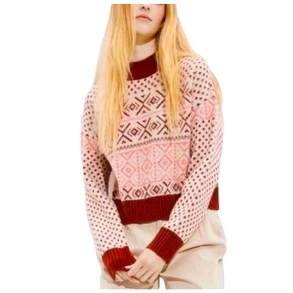 American Eagle Cropped Fair Isle Pullover Sweater Brown Peach Cream Womens Sz M - Picture 1 of 6